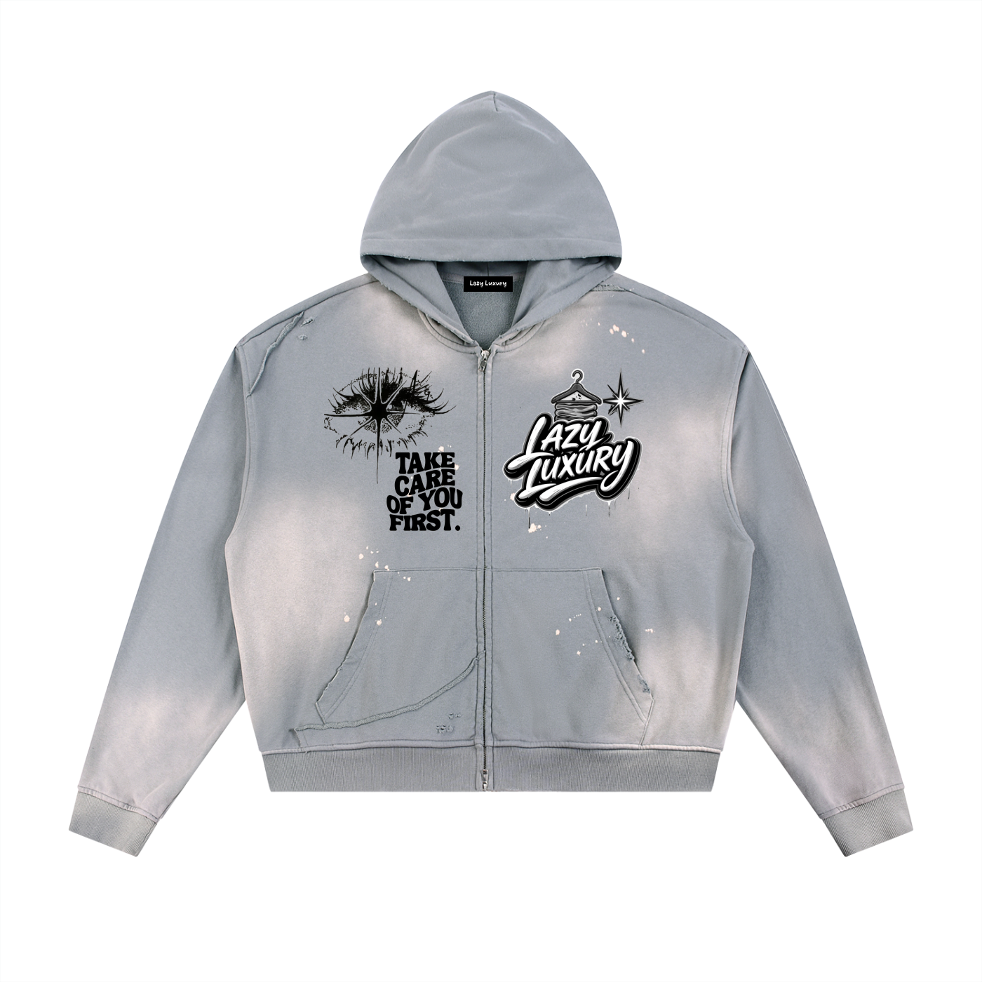 Sun Fade Frayed Raw Edge Fleece Zip Hoodie