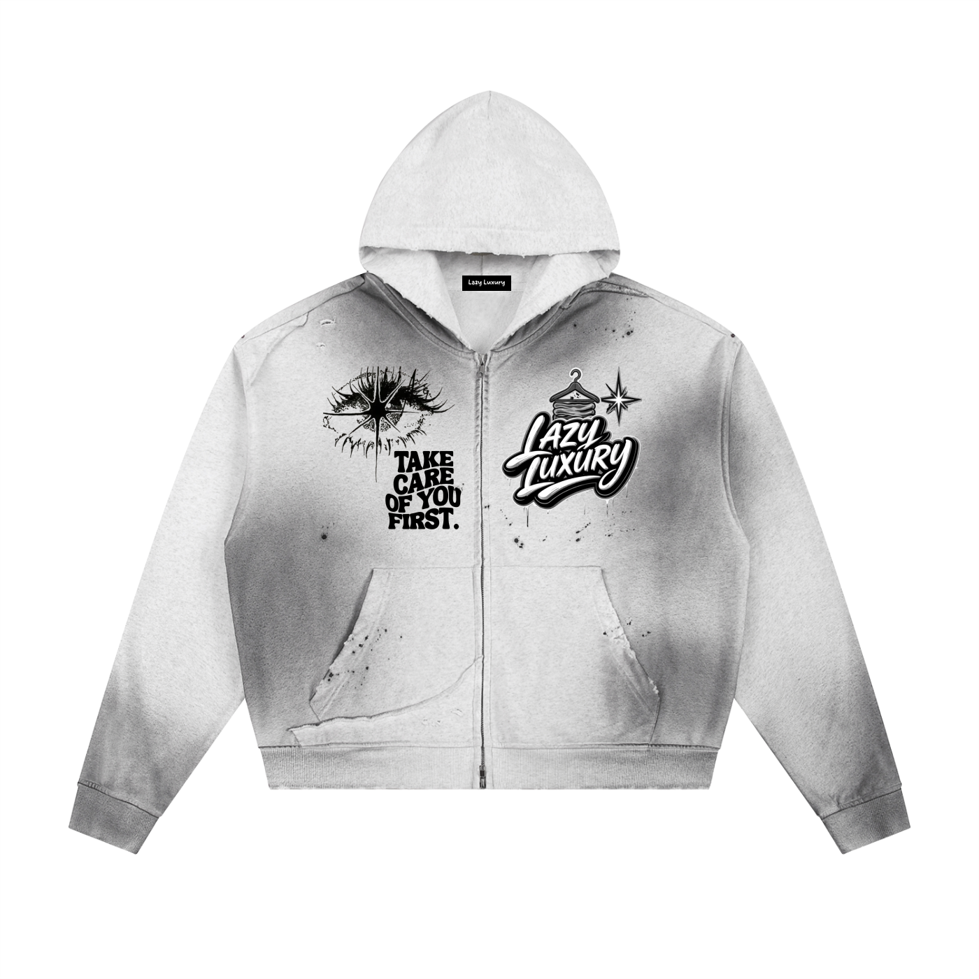 Sun Fade Frayed Raw Edge Fleece Zip Hoodie