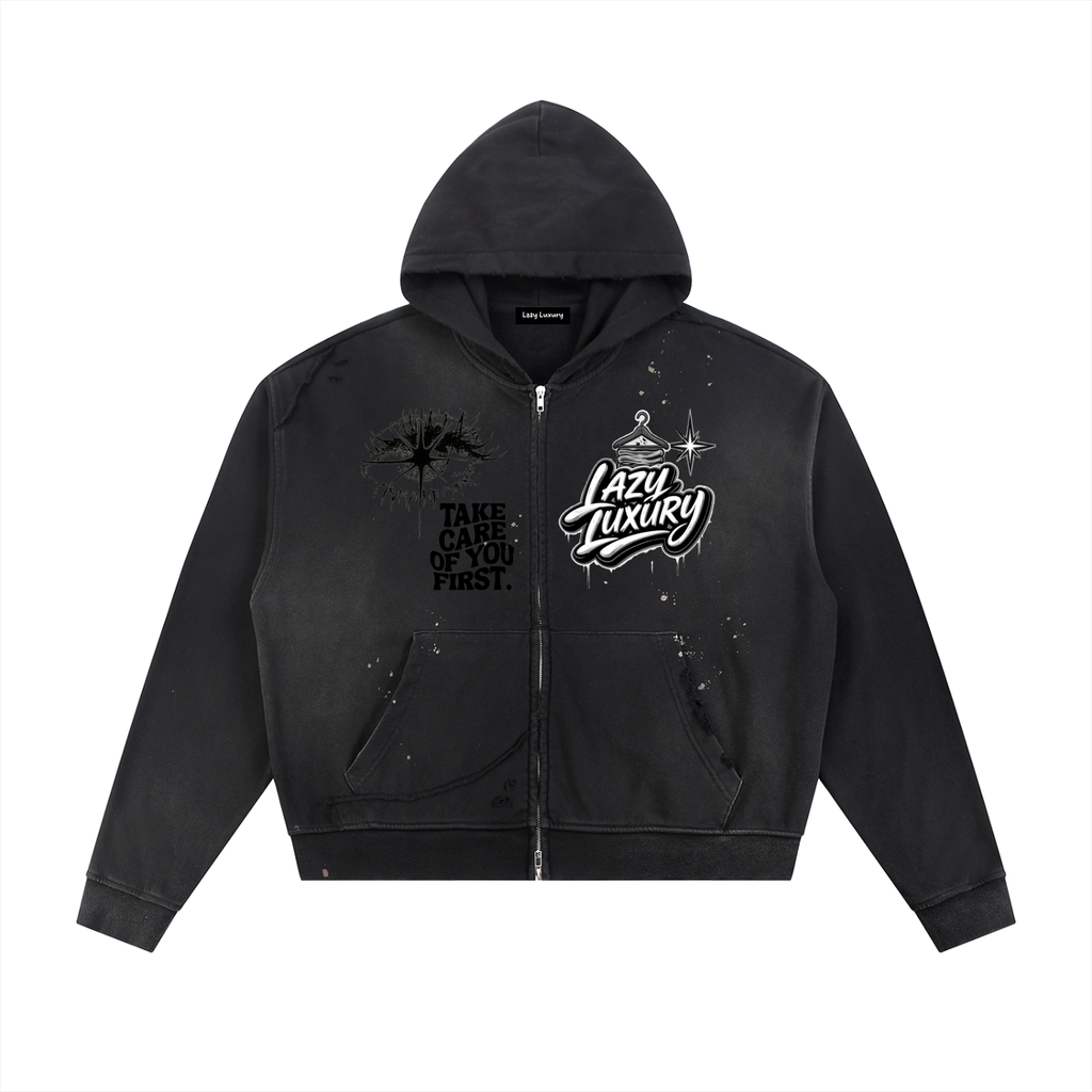 Sun Fade Frayed Raw Edge Fleece Zip Hoodie
