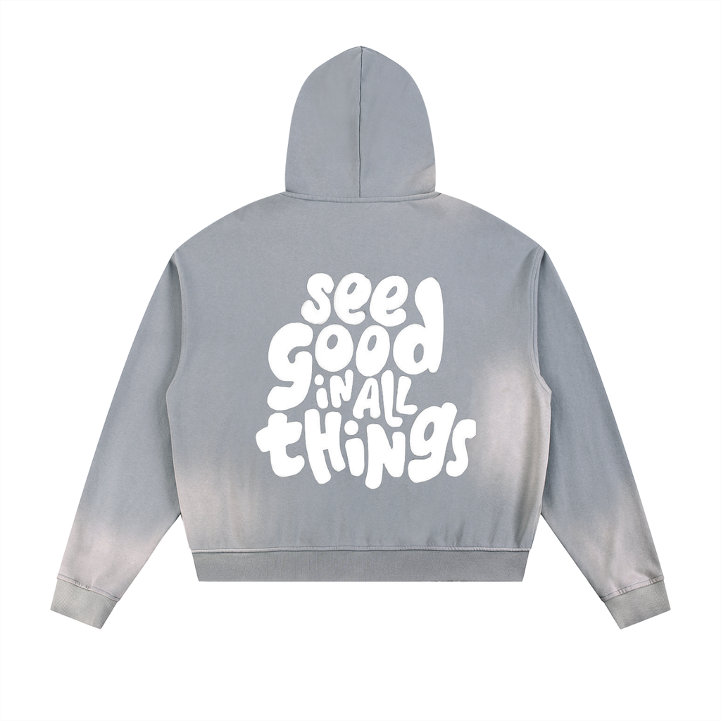 Sun Fade Frayed Raw Edge Fleece Zip Hoodie
